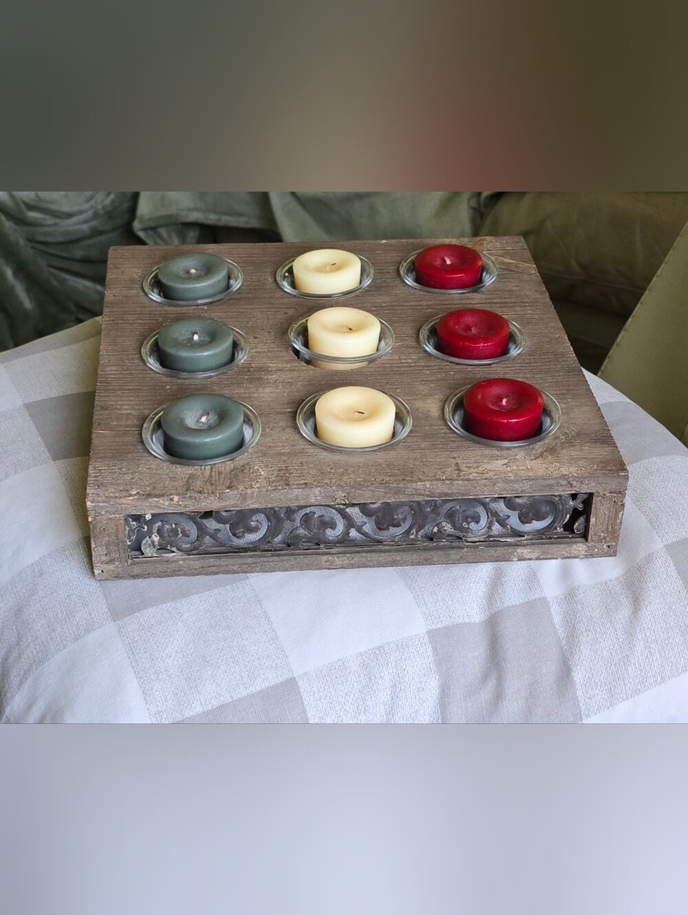 Rustic Farmhouse 9-Votive Candle Holder w/ Ornate Metal Reclaimed Wood